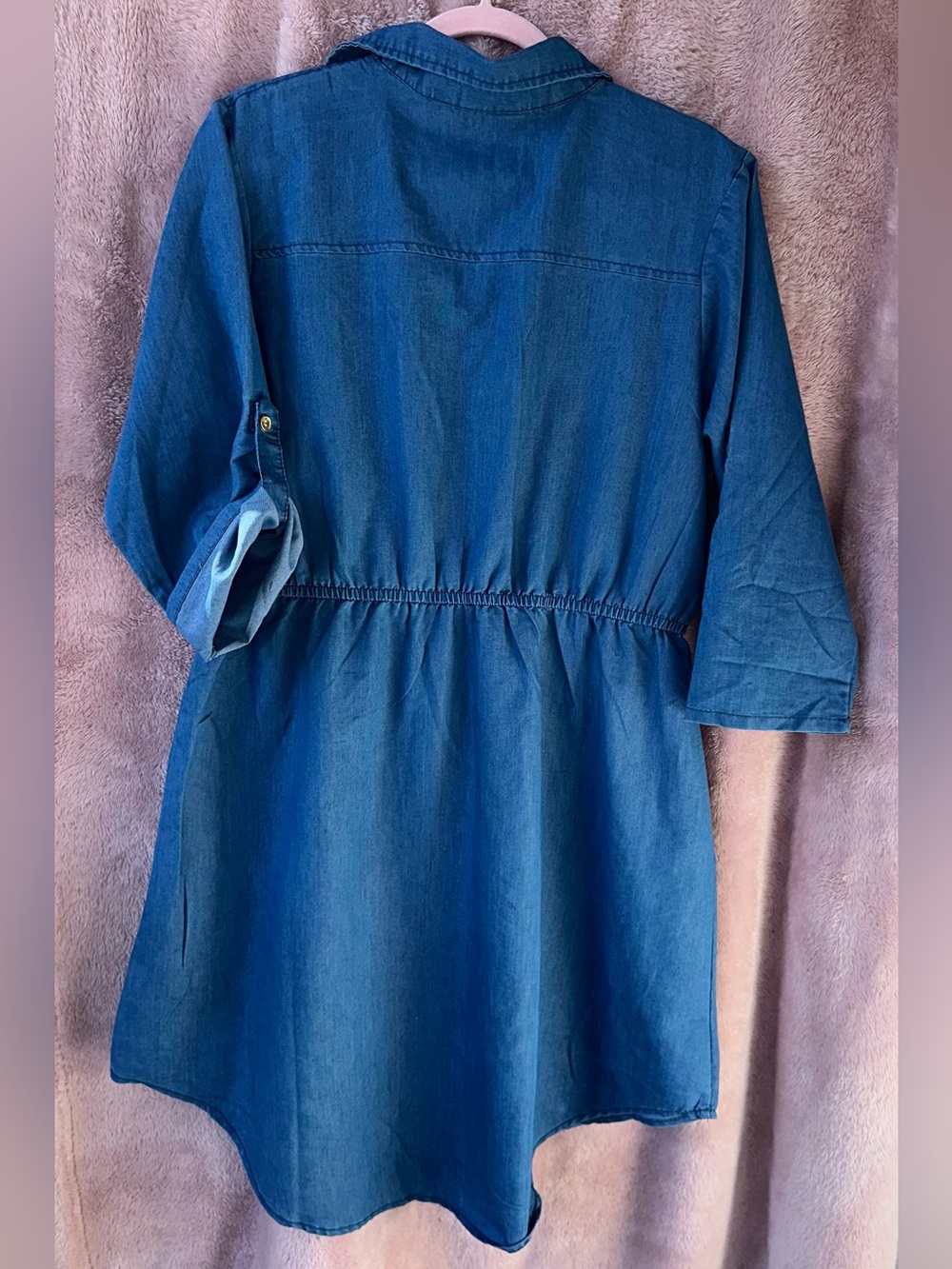Denim Chambray Shirt Dress Drawstring Waist Roll Tab Sleeves - Picture 2 of 2